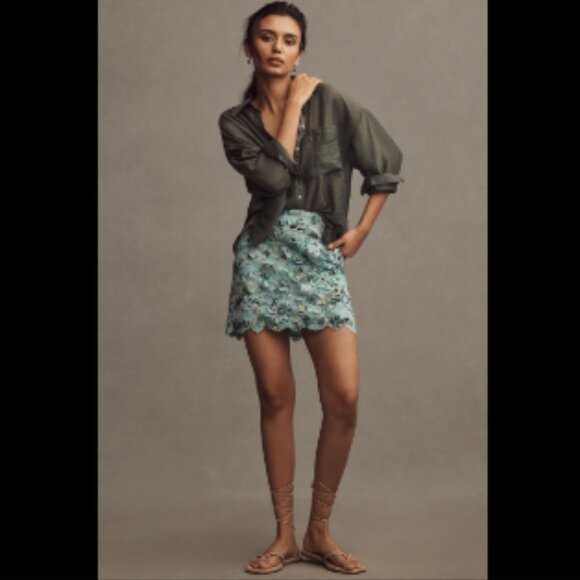 Brand New By Anthropologie Printed Embroidered Lace Mini Skirt - Picture 3 of 10